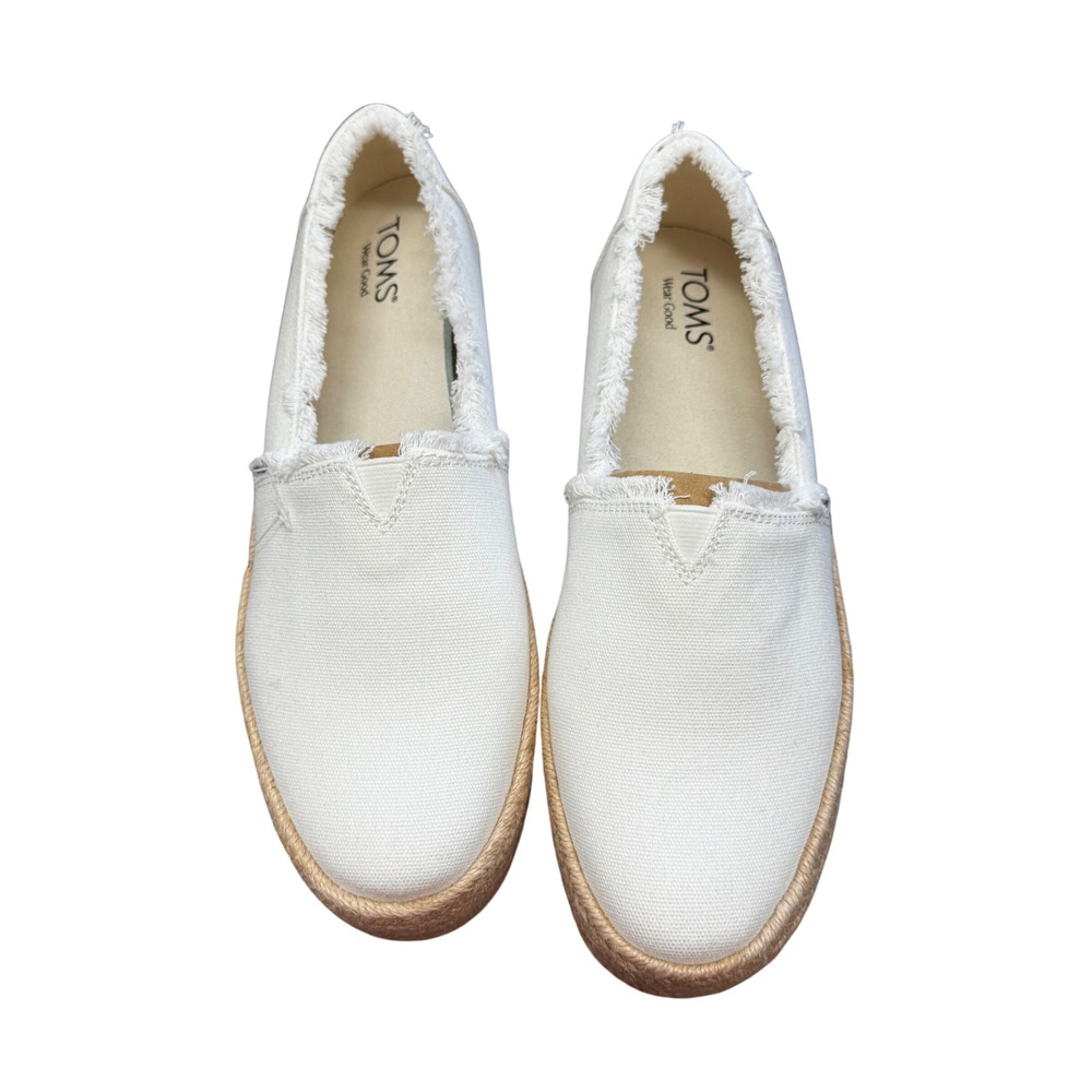 TOMS Valencia White Canvas Fray Espadrille Platform Slip On Shoes 10019820